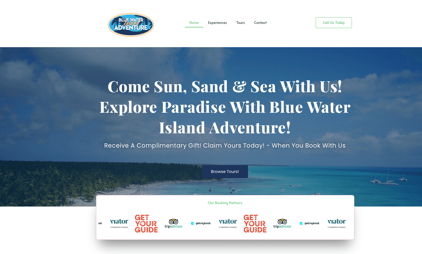 Blue Water Island Adventure website preview